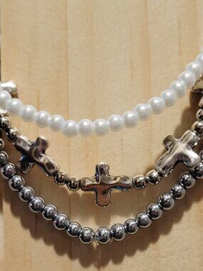 Silver Cross & Pearl Beaded Wrist Wrap Set